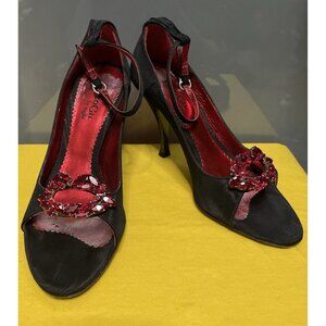 Paco Gil Coup D’etat Vintage Size 7B Black Satin Gem Crystal Lip Accented Heels